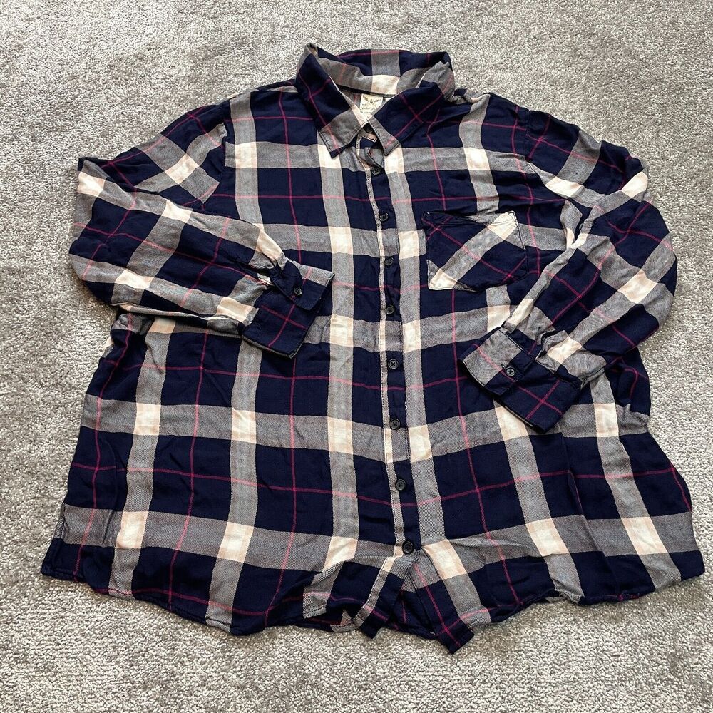 Faded Glory Blouse Shirt Womens 2X 18W 20W Blue Plaid Long Sleeve Top Soft Rayon